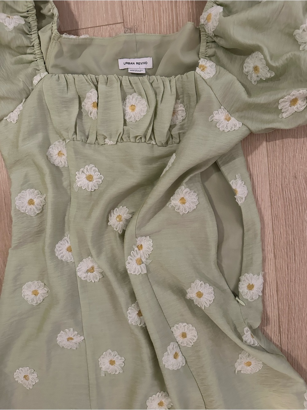Urban Revivo Sage Green Mini Dress with White Daisy Embroidery